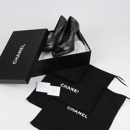 Chanel Coco Mark Leather Heels Black × Silver G29571, Size 36 EU