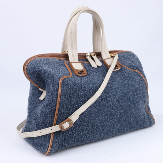 Fendi Chameleon Denim & Leather 2Way Boston Hanbag in Navy Blue 8BL110