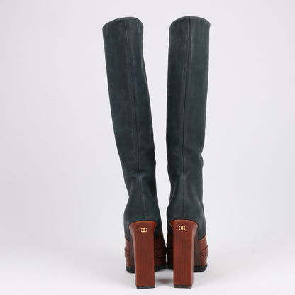 Chanel Coco Mark Nubuck x Leather Long boots in Black × Brown G30177, Size 38 EU