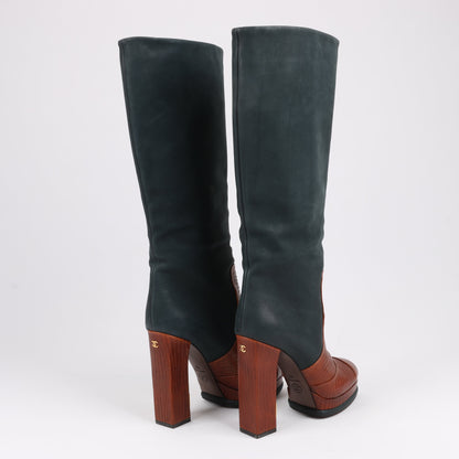 Chanel Coco Mark Nubuck x Leather Long boots in Black × Brown G30177, Size 38 EU