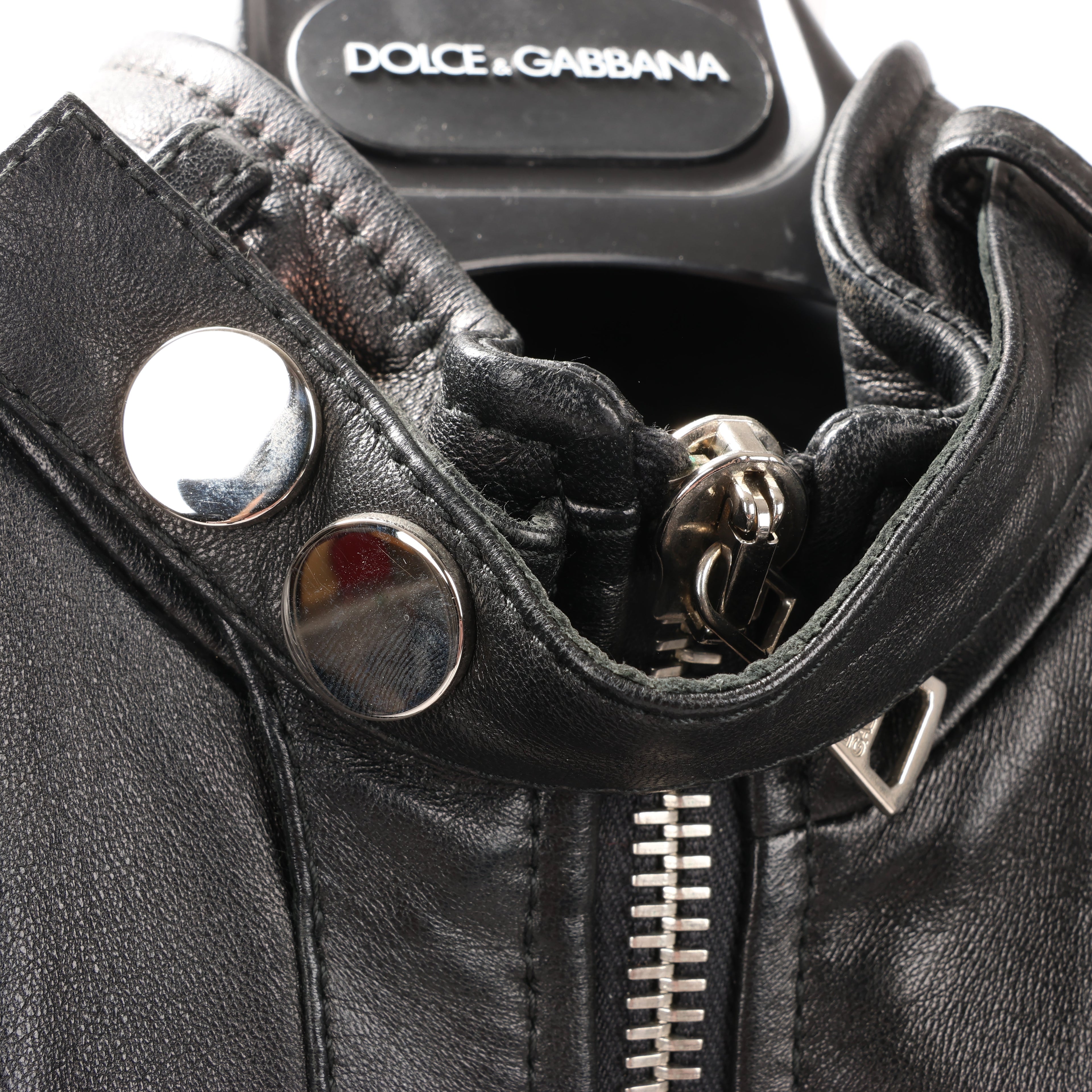 Dolce & Gabbana Black Leather and Leopard Biker Jacket, Size 38