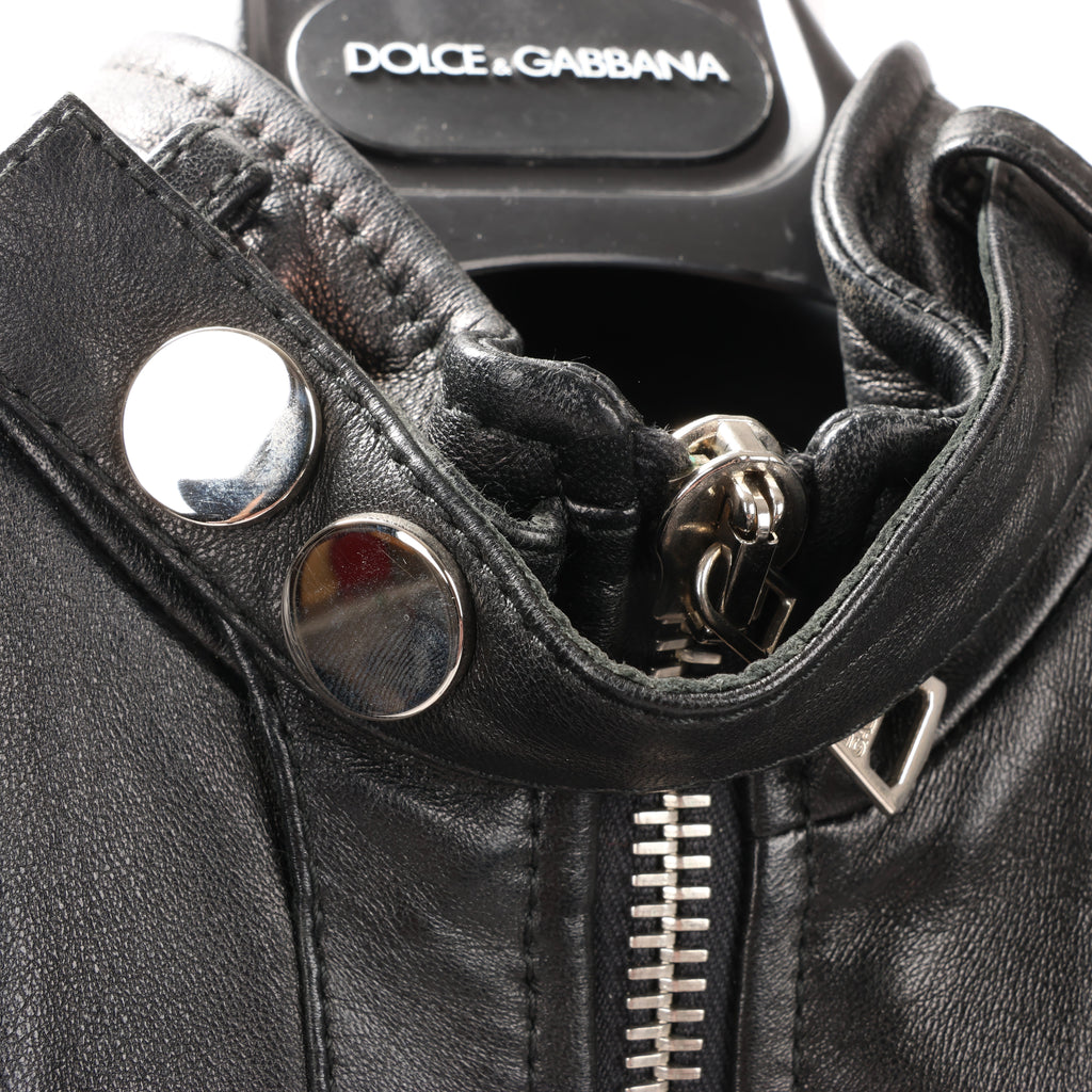 Dolce & Gabbana Black Leather and Leopard Biker Jacket, Size 38