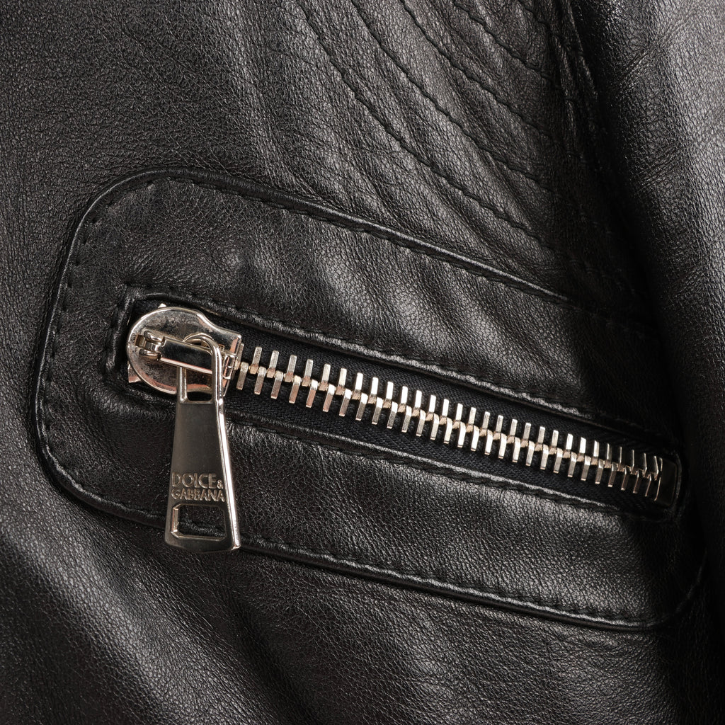 Dolce & Gabbana Black Leather and Leopard Biker Jacket, Size 38