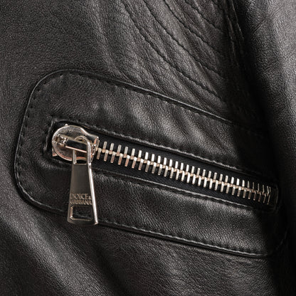 Dolce & Gabbana Black Leather and Leopard Biker Jacket, Size 38