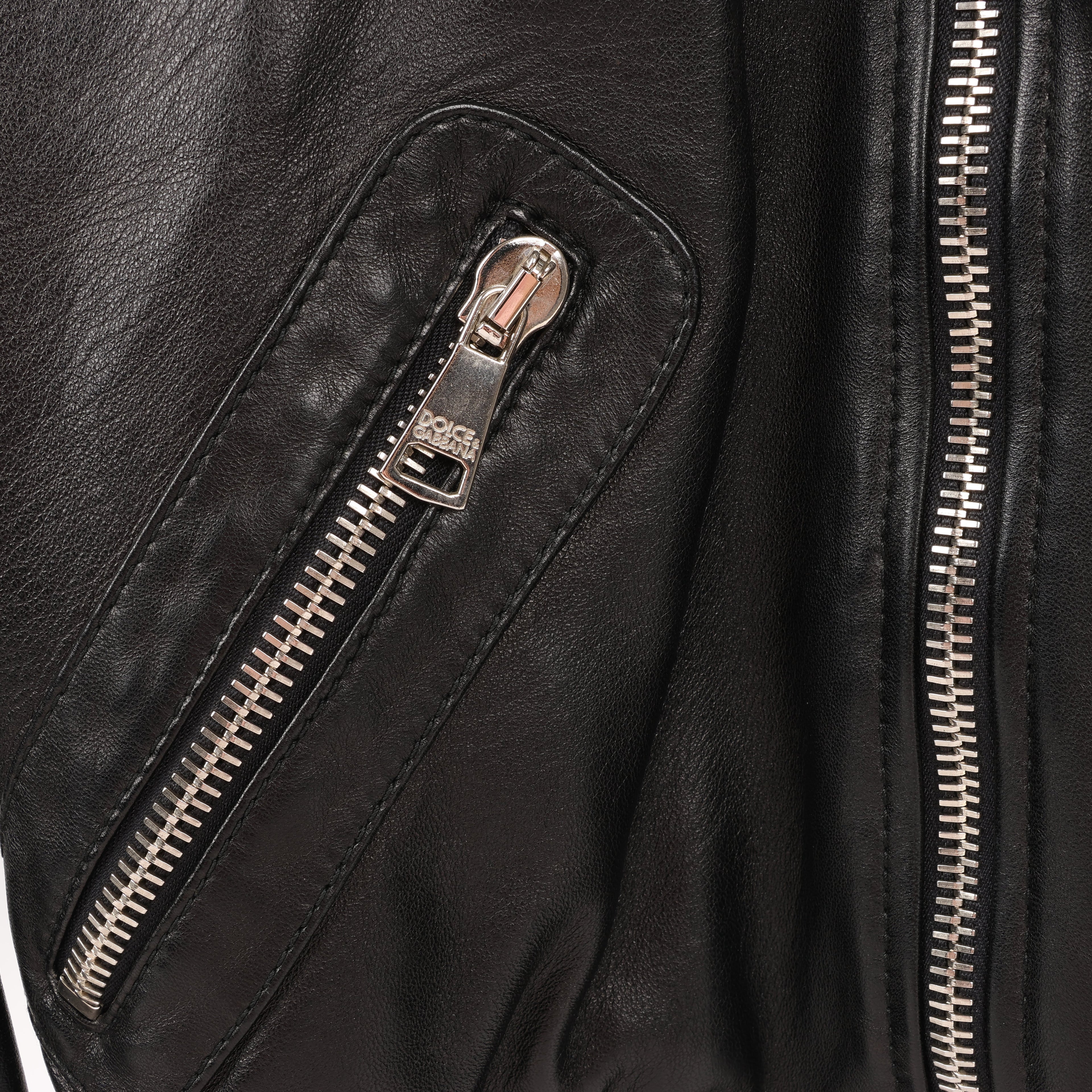 Dolce & Gabbana Black Leather and Leopard Biker Jacket, Size 38