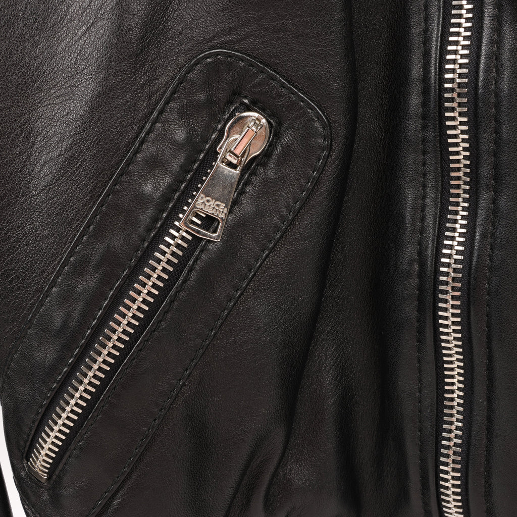 Dolce & Gabbana Black Leather and Leopard Biker Jacket, Size 38