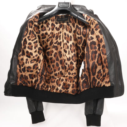 Dolce & Gabbana Black Leather and Leopard Biker Jacket, Size 38