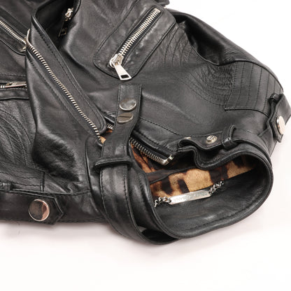 Dolce & Gabbana Black Leather and Leopard Biker Jacket, Size 38