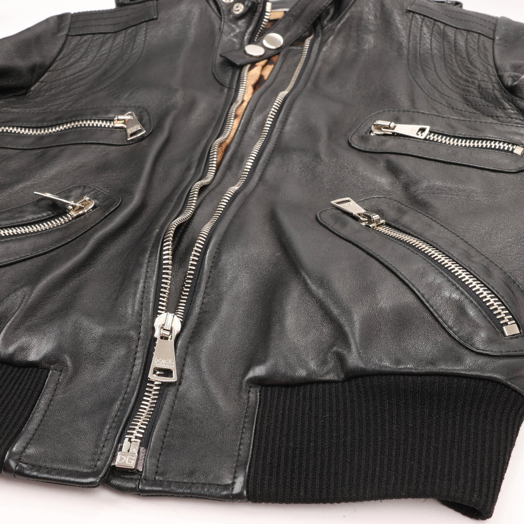 Dolce & Gabbana Black Leather and Leopard Biker Jacket, Size 38