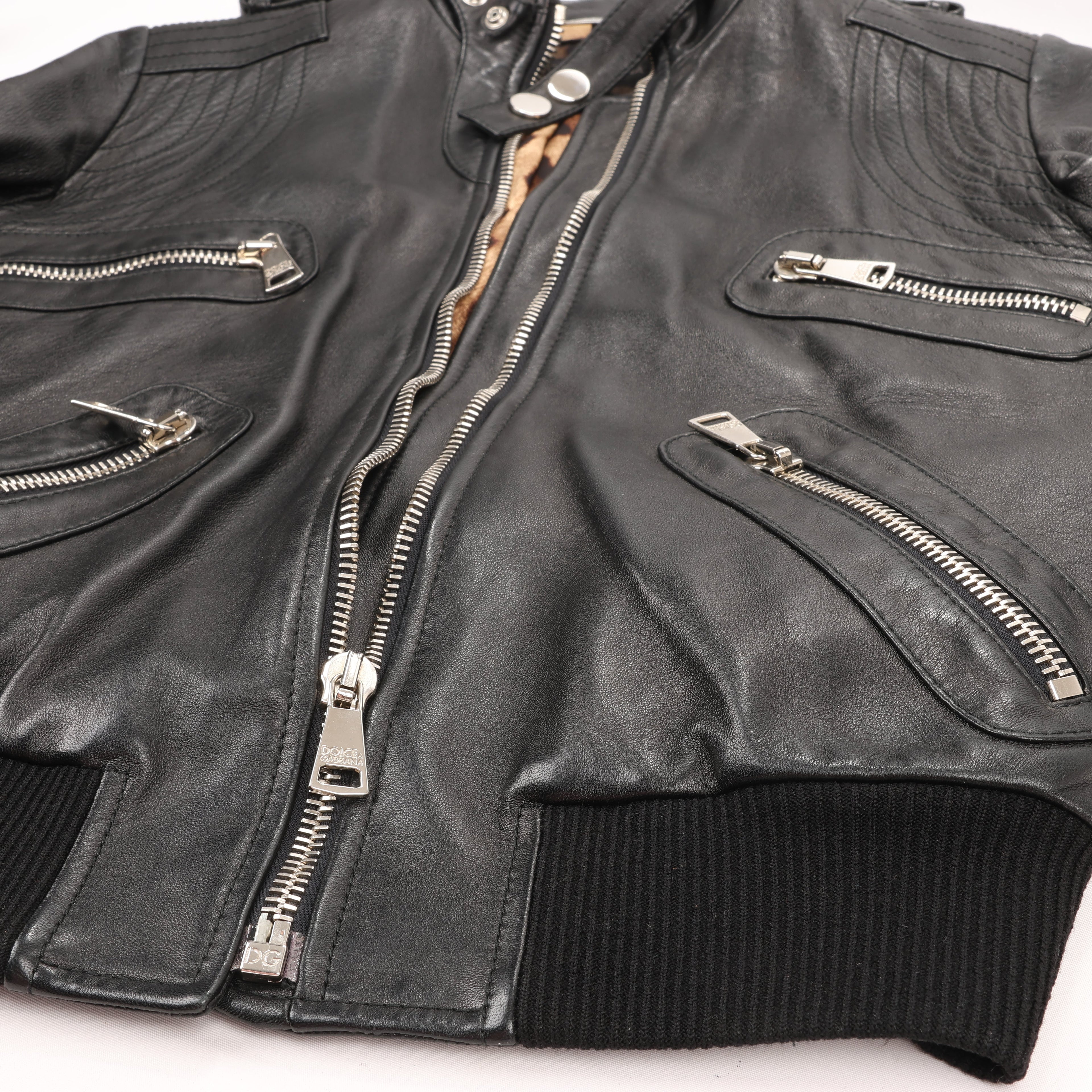 Dolce & Gabbana Black Leather and Leopard Biker Jacket, Size 38
