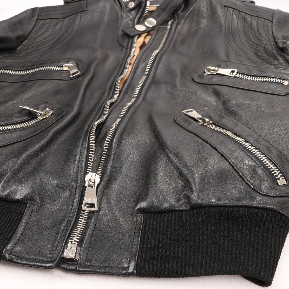 Dolce & Gabbana Black Leather and Leopard Biker Jacket, Size 38