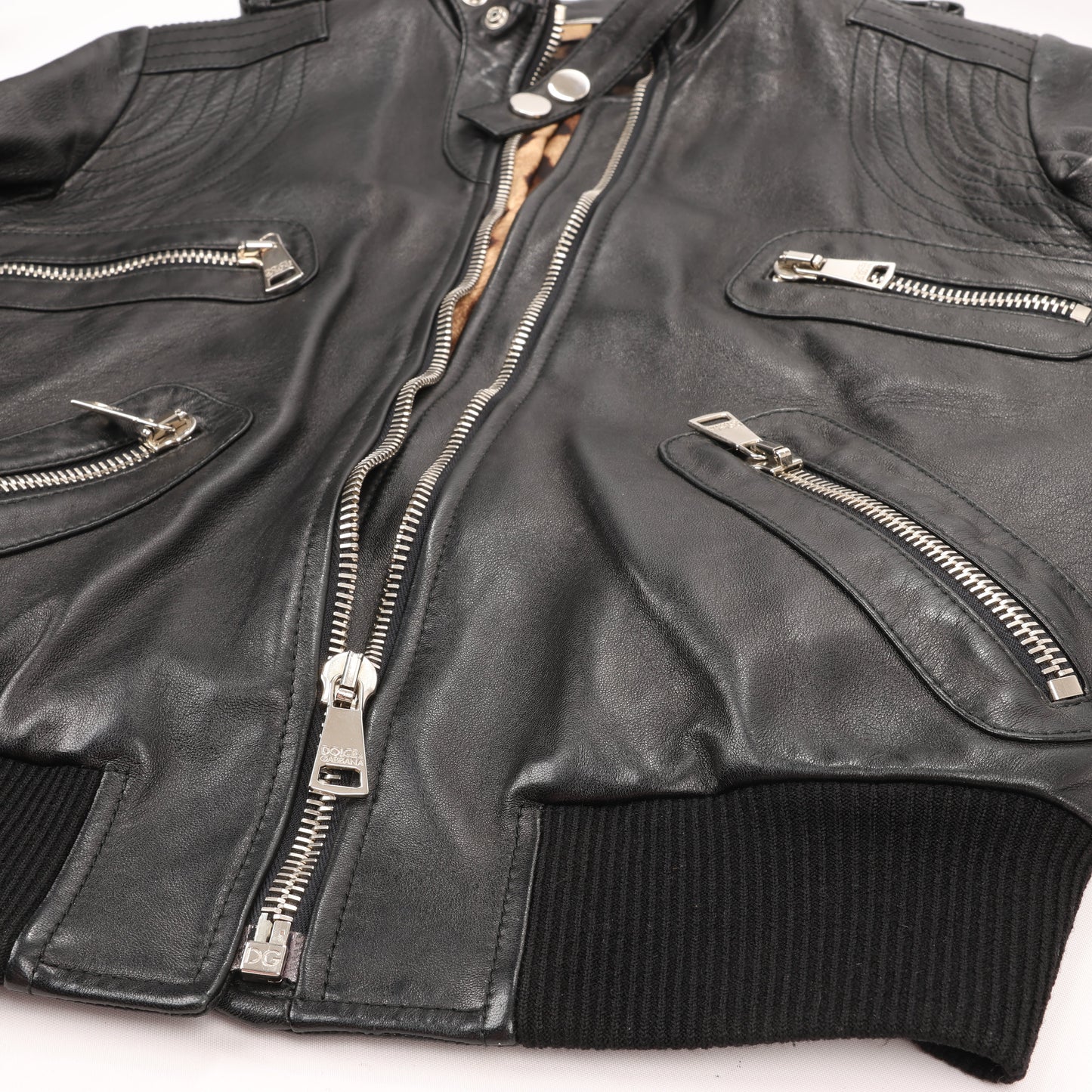 Dolce & Gabbana Black Leather and Leopard Biker Jacket, Size 38