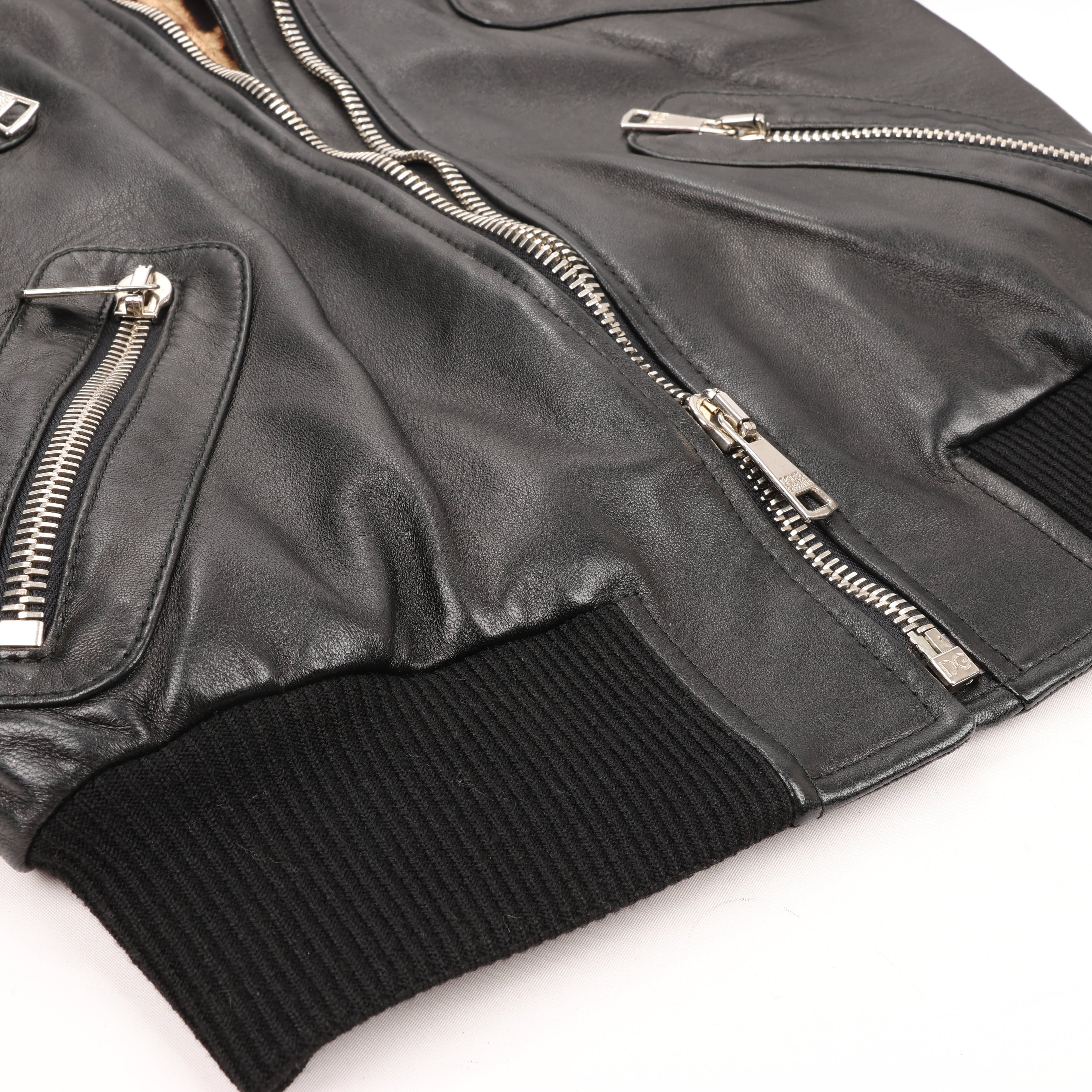 Dolce & Gabbana Black Leather and Leopard Biker Jacket, Size 38