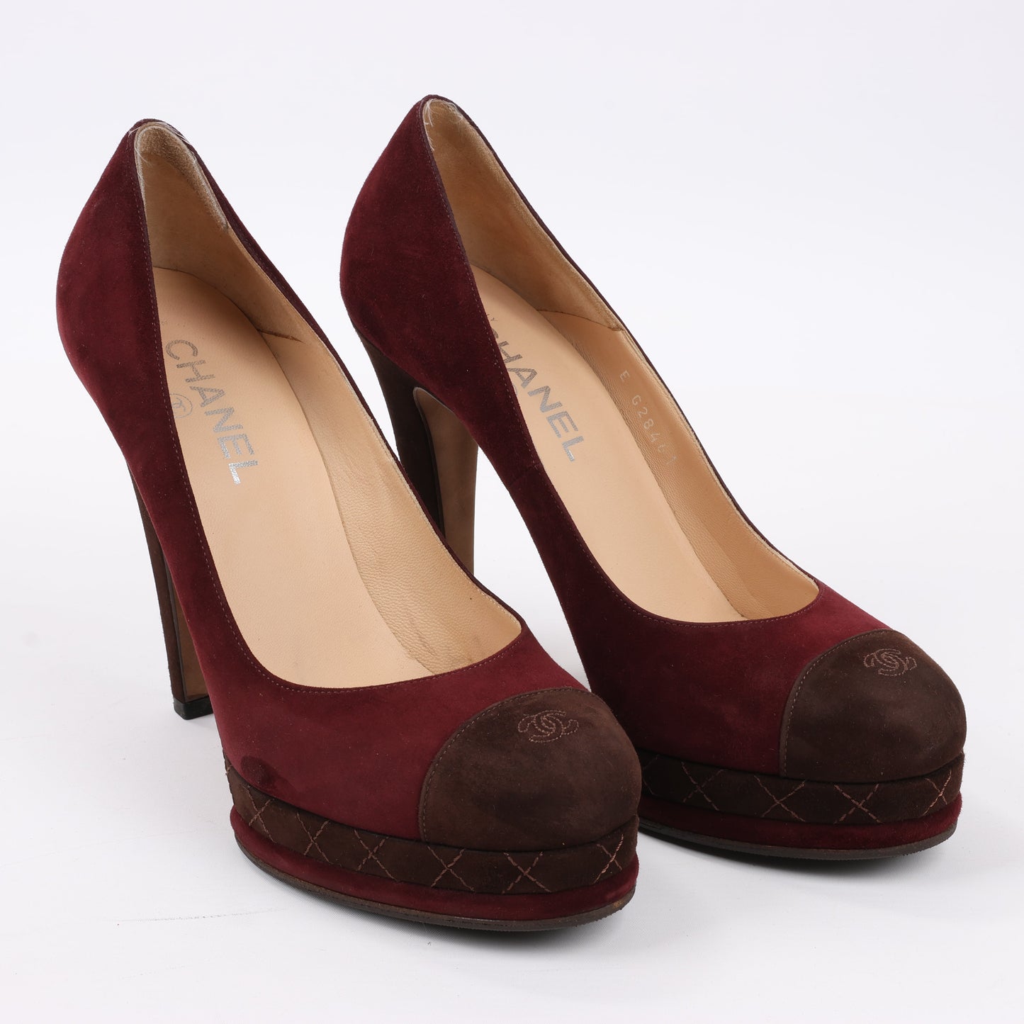 Chanel Burgundy/Brown Suede CC Cap Toe Platform Heel Pumps, Size 40.5 EU