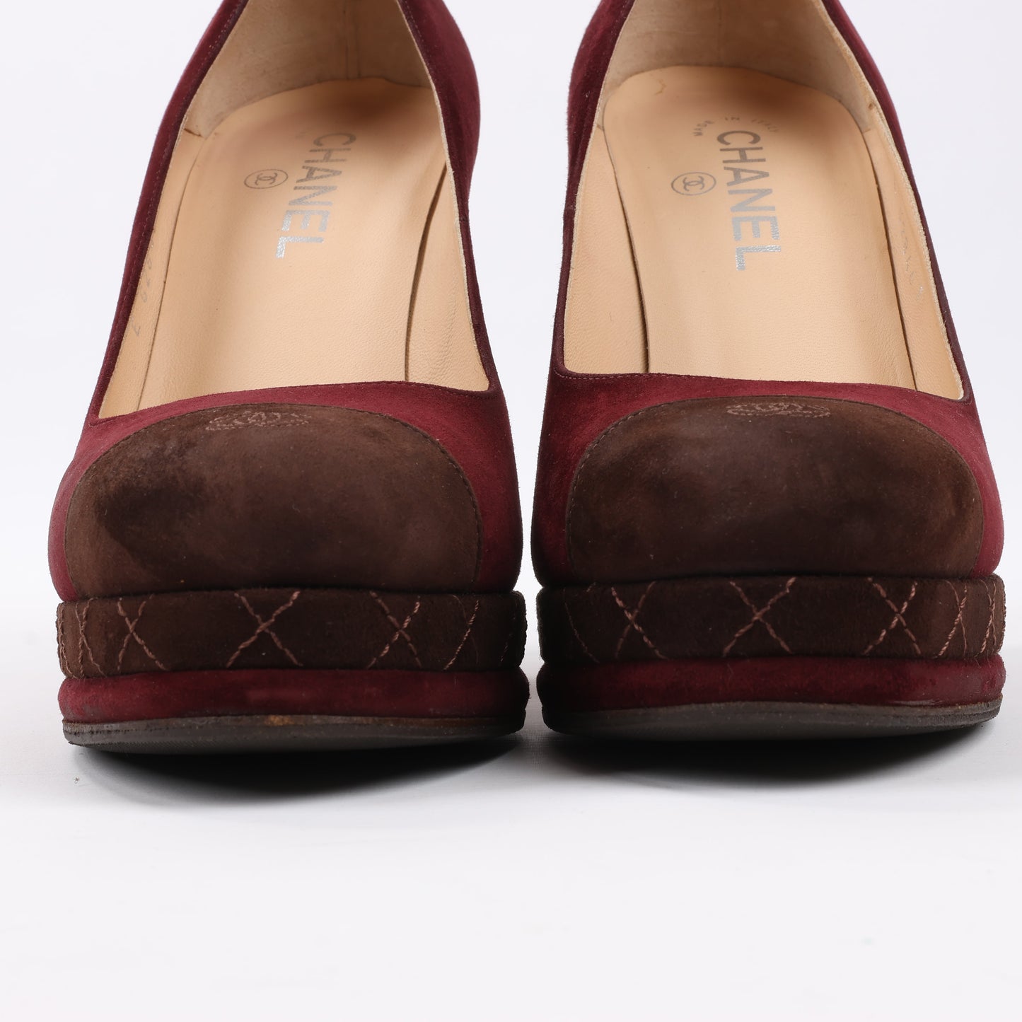 Chanel Burgundy/Brown Suede CC Cap Toe Platform Heel Pumps, Size 40.5 EU