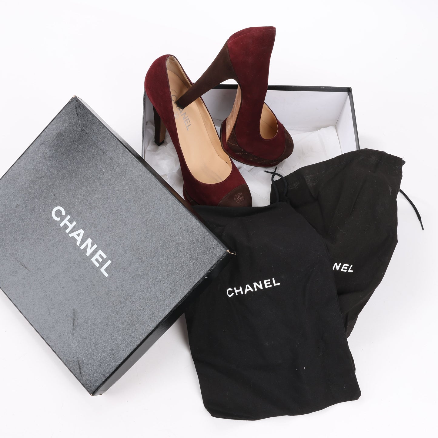 Chanel Burgundy/Brown Suede CC Cap Toe Platform Heel Pumps, Size 40.5 EU