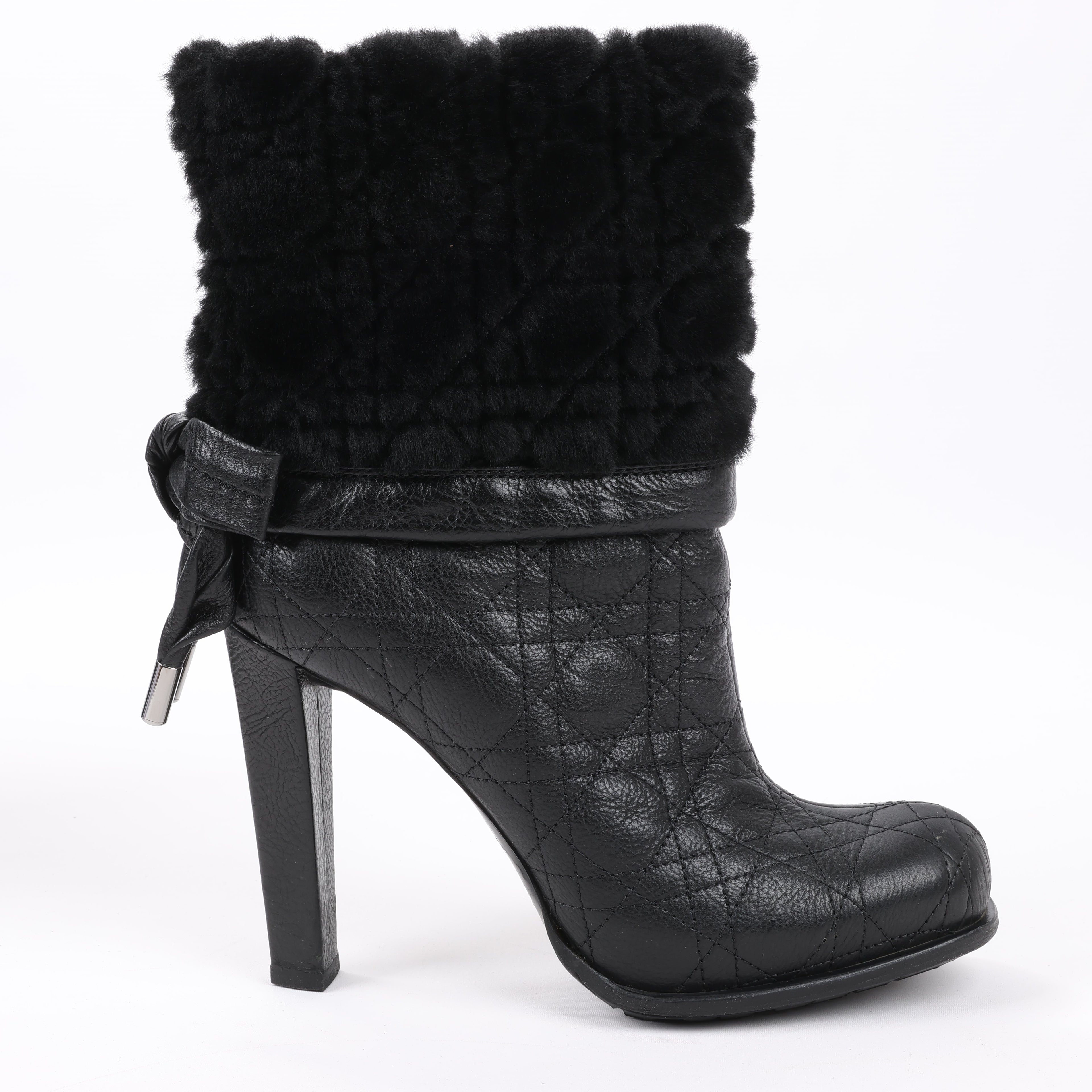 Dior Black Leather Cannage Ice Fur Cuffed Boots, Size 40 EU