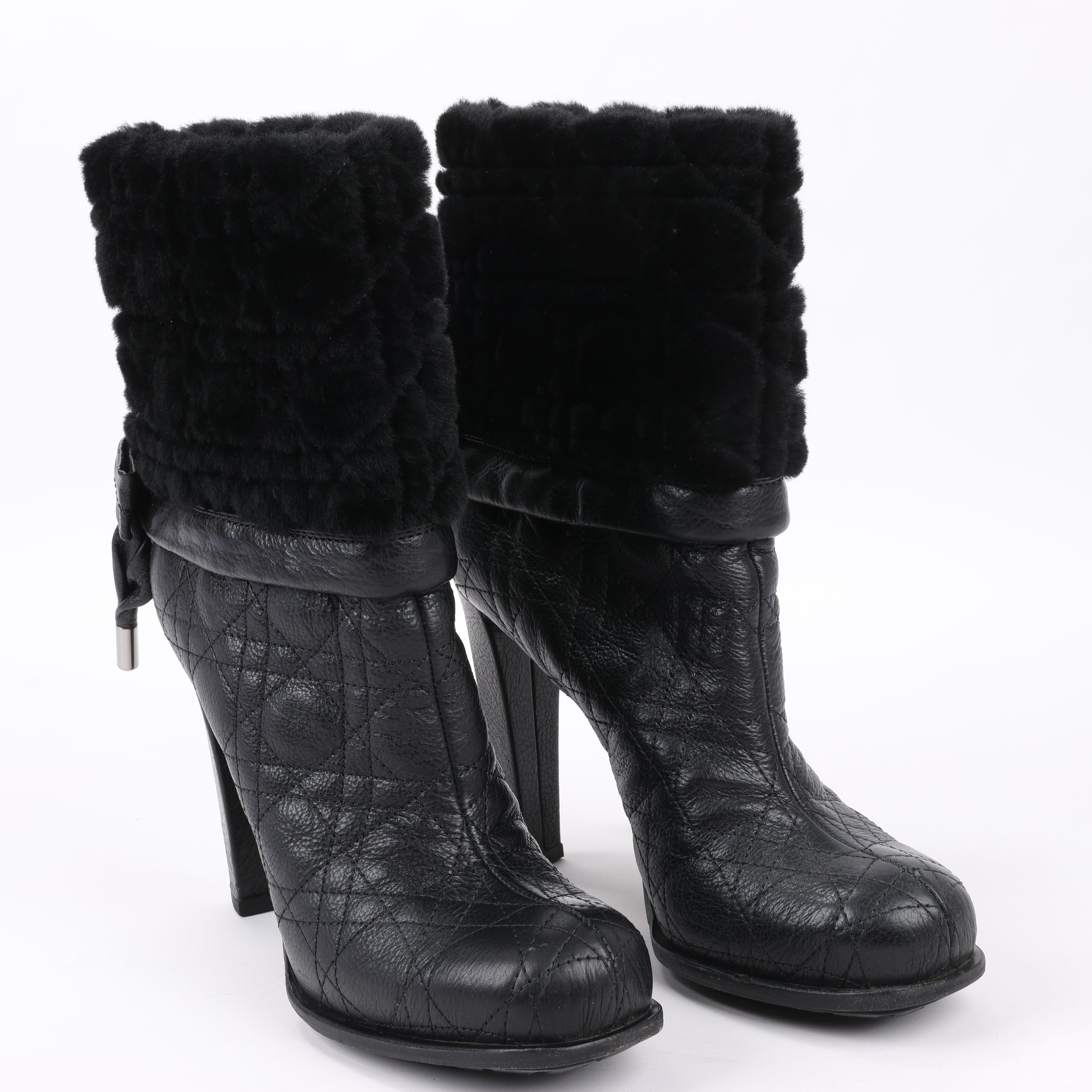 Dior Black Leather Cannage Ice Fur Cuffed Boots, Size 40 EU