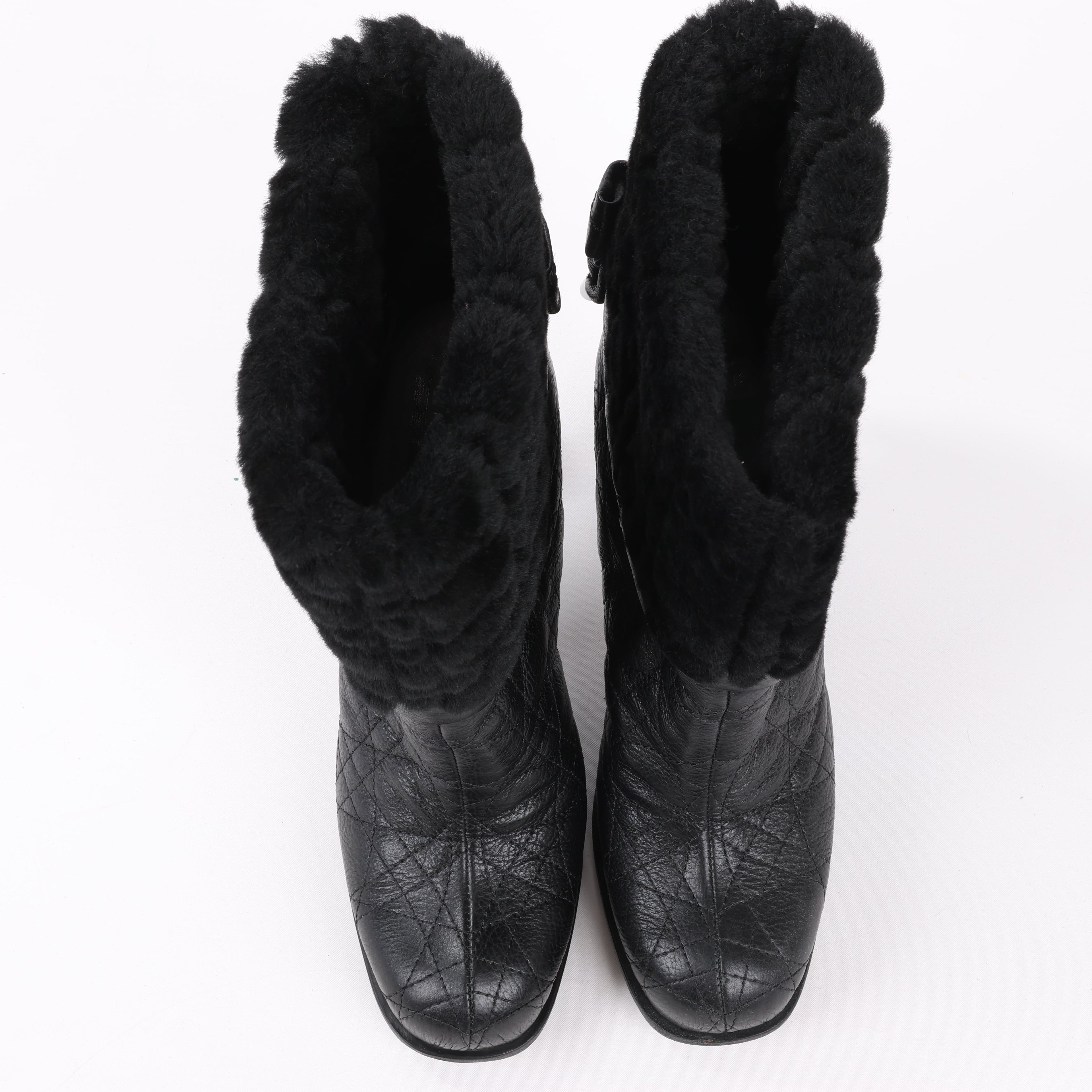 Dior Black Leather Cannage Ice Fur Cuffed Boots, Size 40 EU