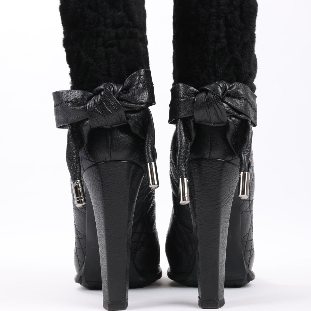 Dior Black Leather Cannage Ice Fur Cuffed Boots, Size 40 EU