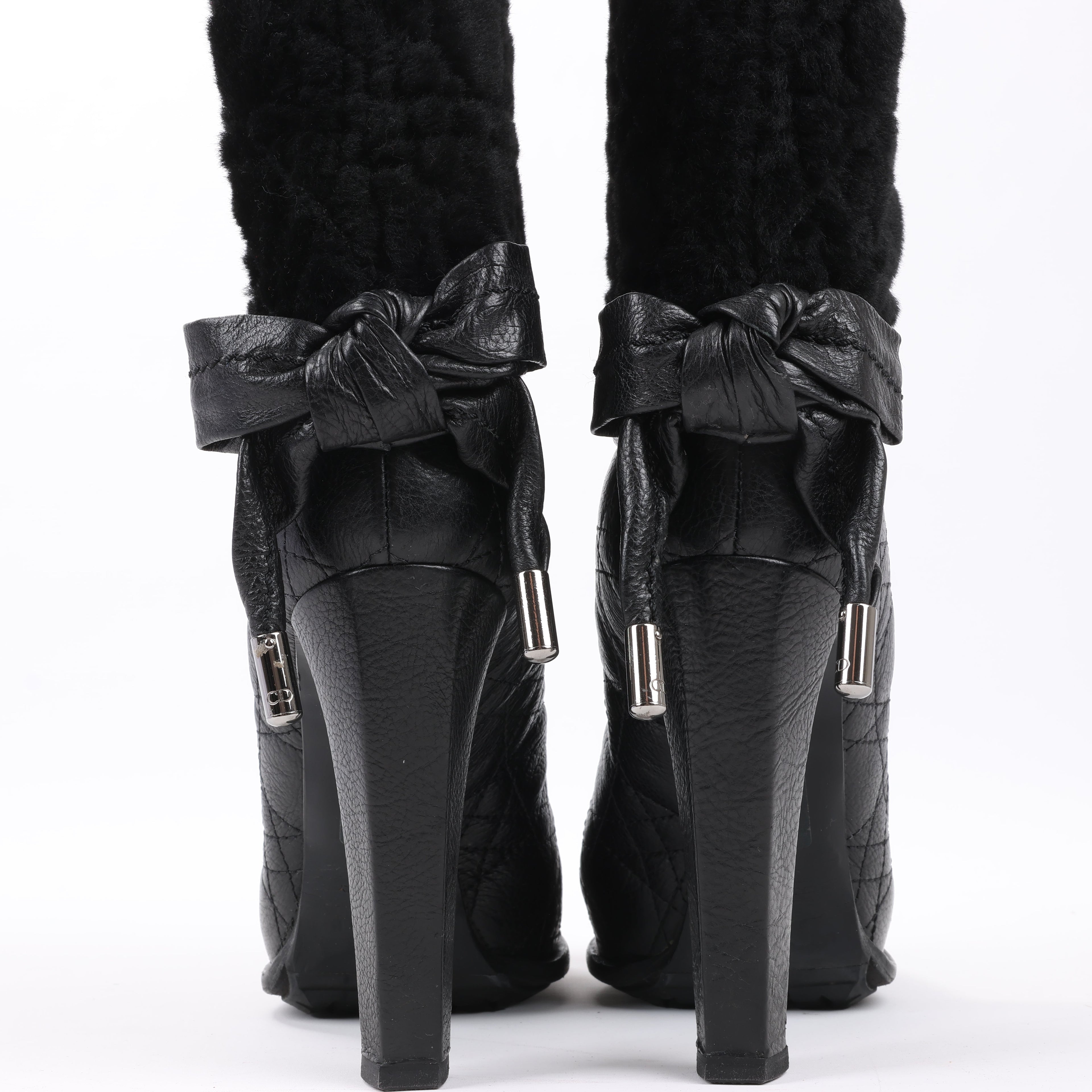 Dior Black Leather Cannage Ice Fur Cuffed Boots, Size 40 EU