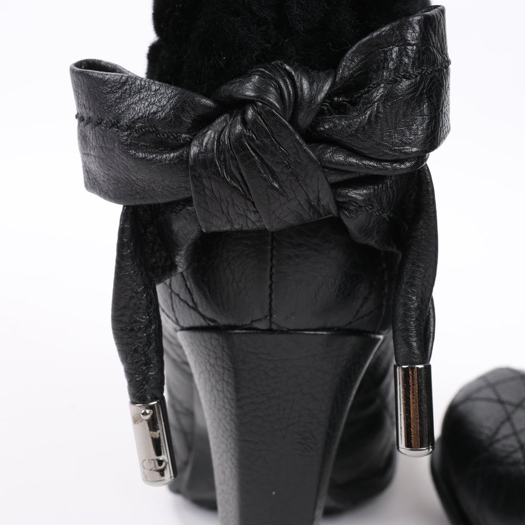 Dior Black Leather Cannage Ice Fur Cuffed Boots, Size 40 EU