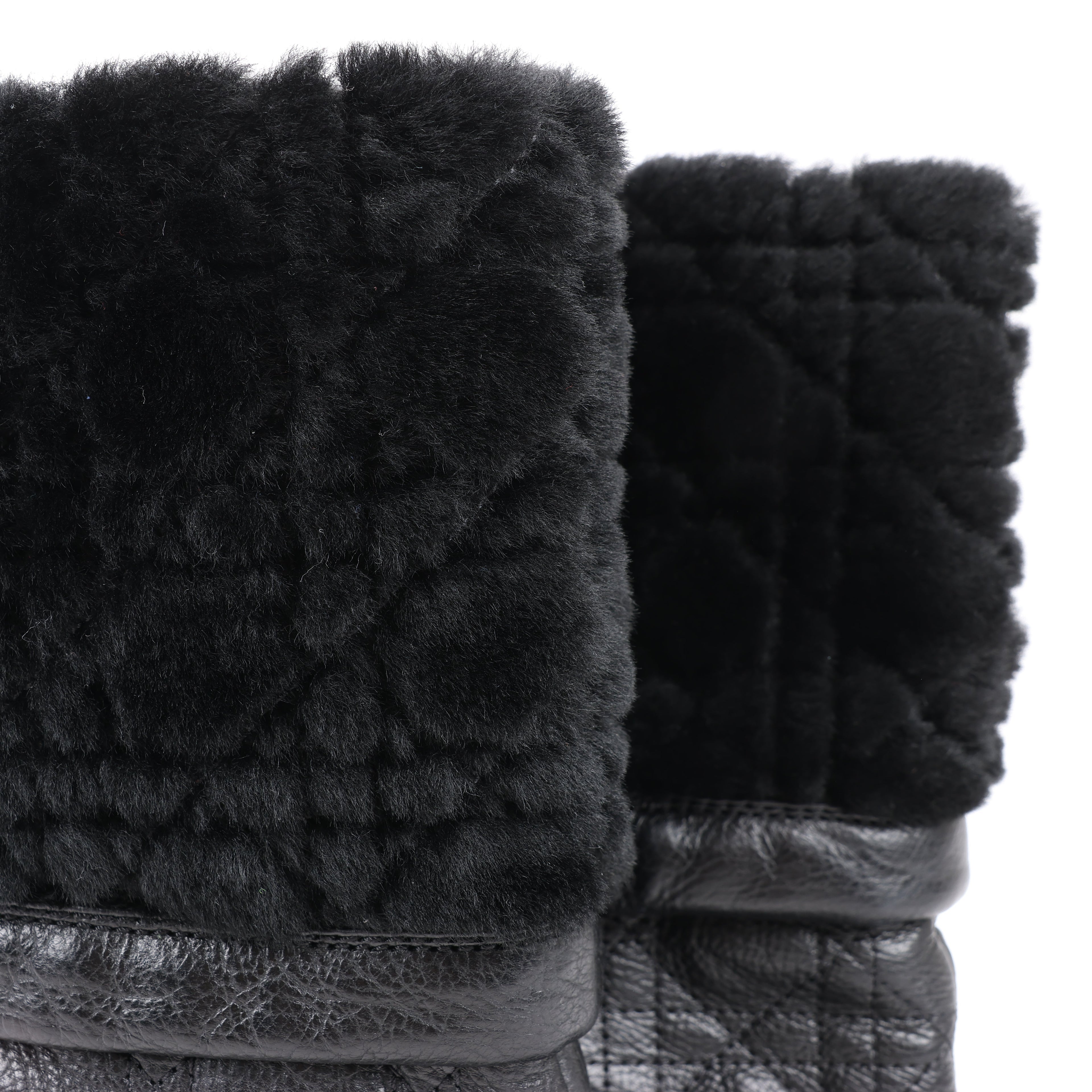 Dior Black Leather Cannage Ice Fur Cuffed Boots, Size 40 EU