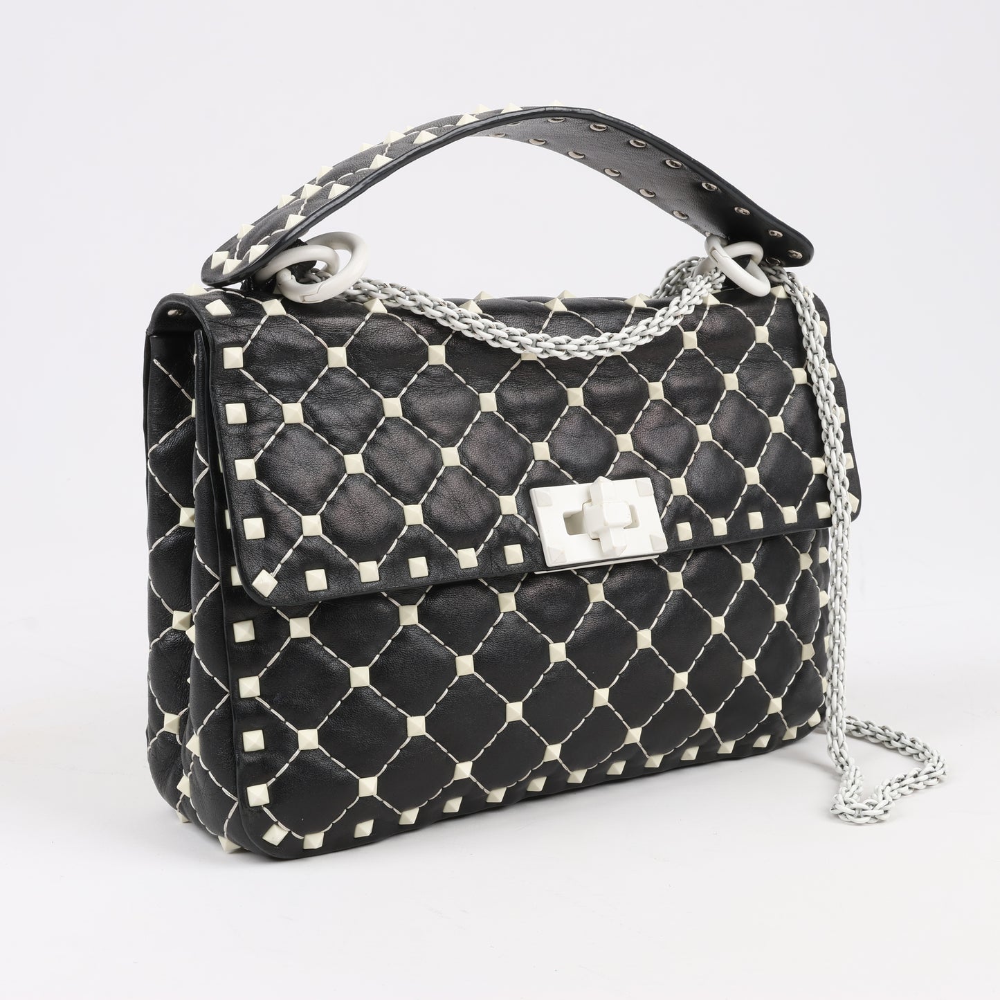 Sac à bandoulière Valentino Rockstud Spike Chain 2 voies, noir et blanc