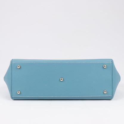 HERMES Paris Bombay 35 Veau Epsom Blue Jean Silver Metal Fittings Handbag □K: 2007