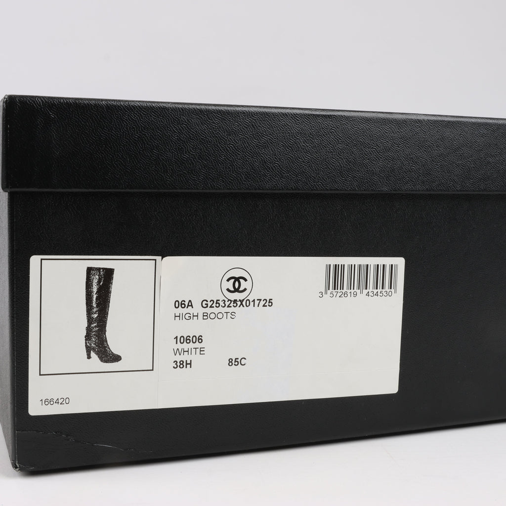Chanel Coco Mark Matelasse 06A Leather Long Boots in Ivory G25325, Size 38.5 EU