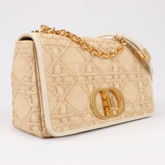 Sac à bandoulière moyen Christian Dior Caro en raphia et cuir beige