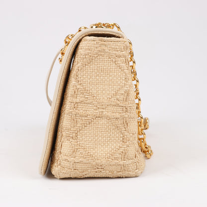 Dior Caro Raffia x Leather Medium Shoulder Bag in Beige