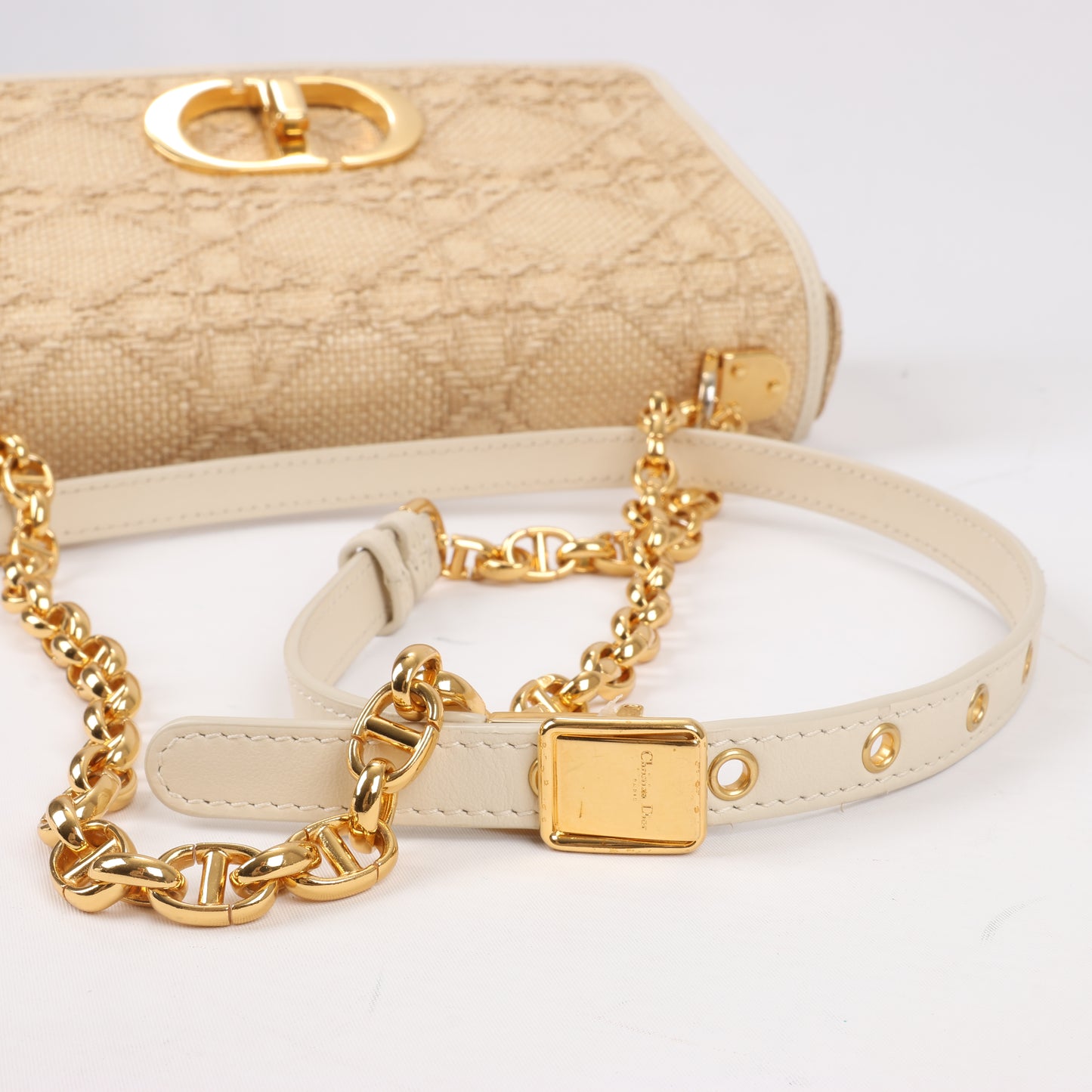 Christian Dior Caro Raffia x Leather Medium Shoulder Bag in Beige