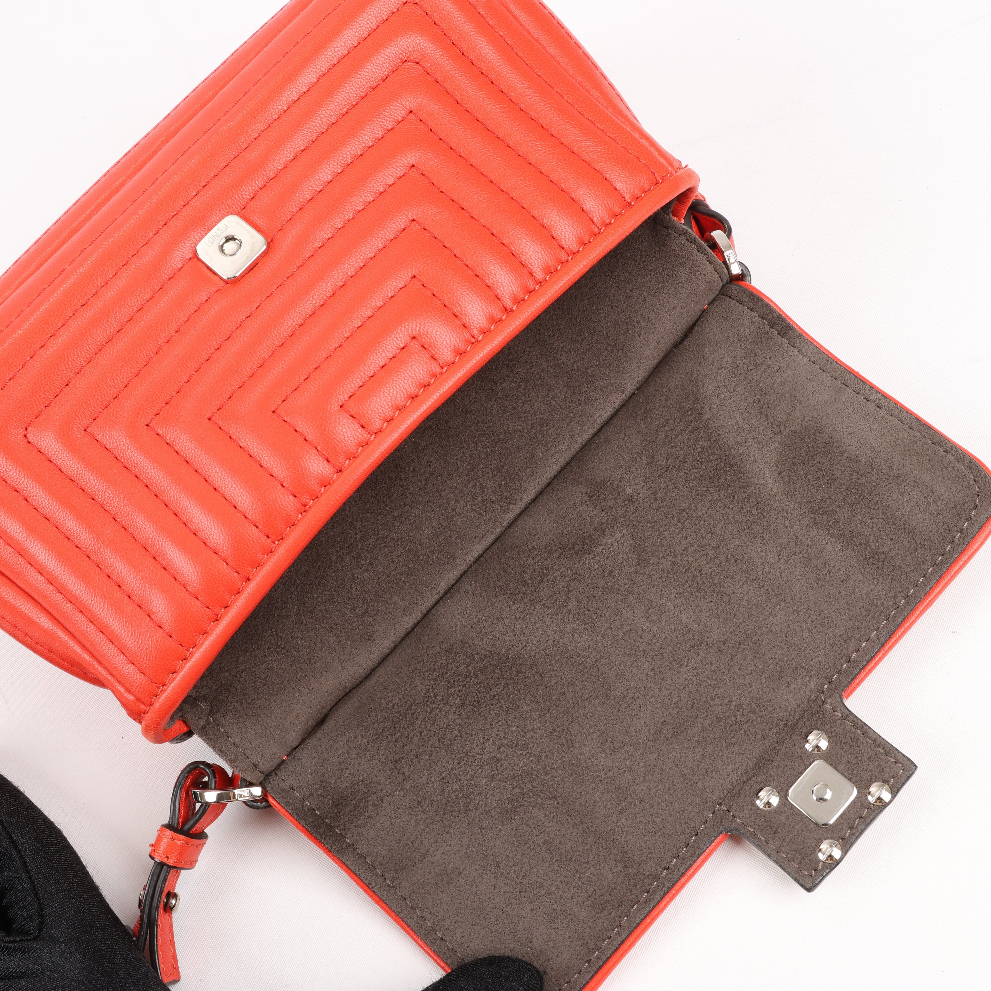 FENDI Double Micro Baguette Leather Chain Shoulder Bag in Red 8M0371