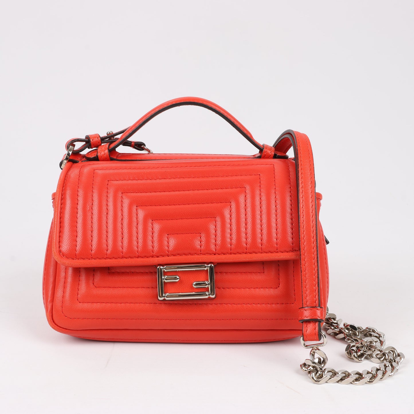 FENDI Double Micro Baguette Leather Chain Shoulder Bag in Red 8M0371