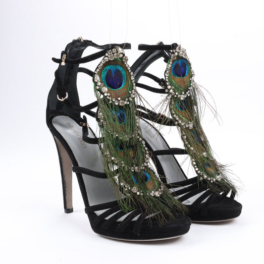 Sergio Rossi Black Suede Crystal And Peacock Embellished Platform Sandal Heels in Size 38 EU