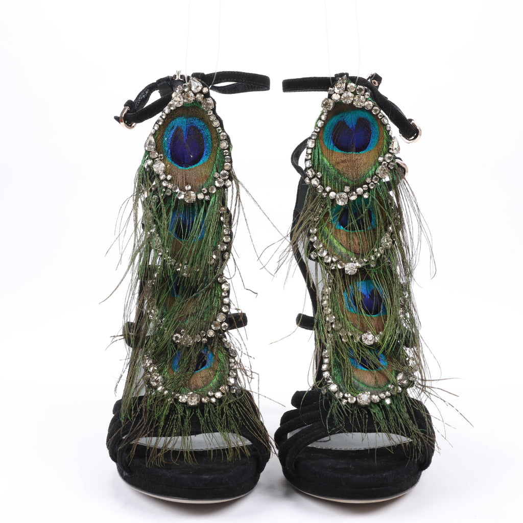 Sergio Rossi Black Suede Crystal And Peacock Embellished Platform Sandal Heels in Size 38 EU