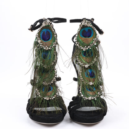 Sergio Rossi Black Suede Crystal And Peacock Embellished Platform Sandal Heels in Size 38 EU