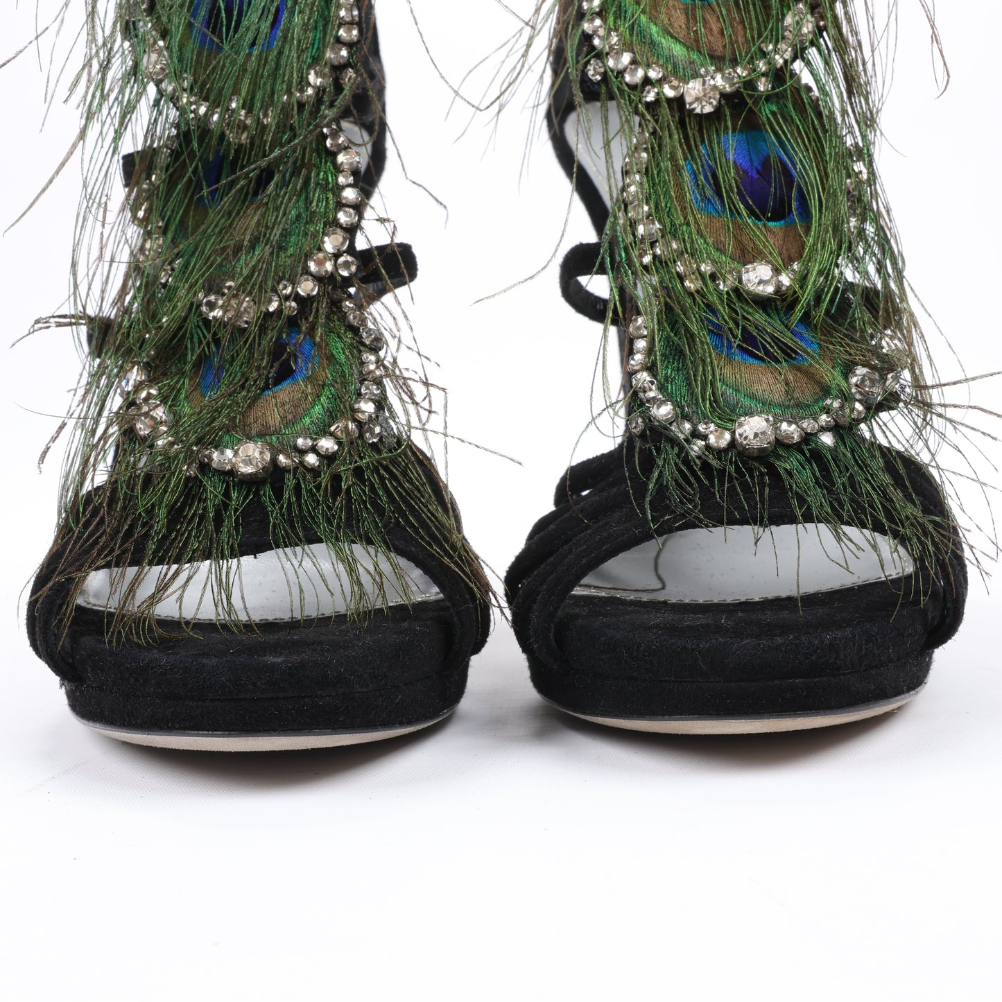 Sergio Rossi Black Suede Crystal And Peacock Embellished Platform Sandal Heels in Size 38 EU