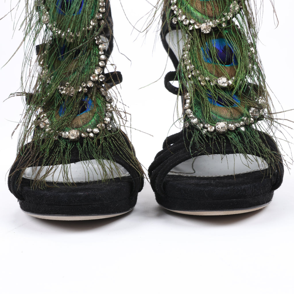 Sergio Rossi Black Suede Crystal And Peacock Embellished Platform Sandal Heels in Size 38 EU