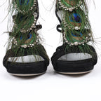 Sergio Rossi Black Suede Crystal And Peacock Embellished Platform Sandal Heels in Size 38 EU