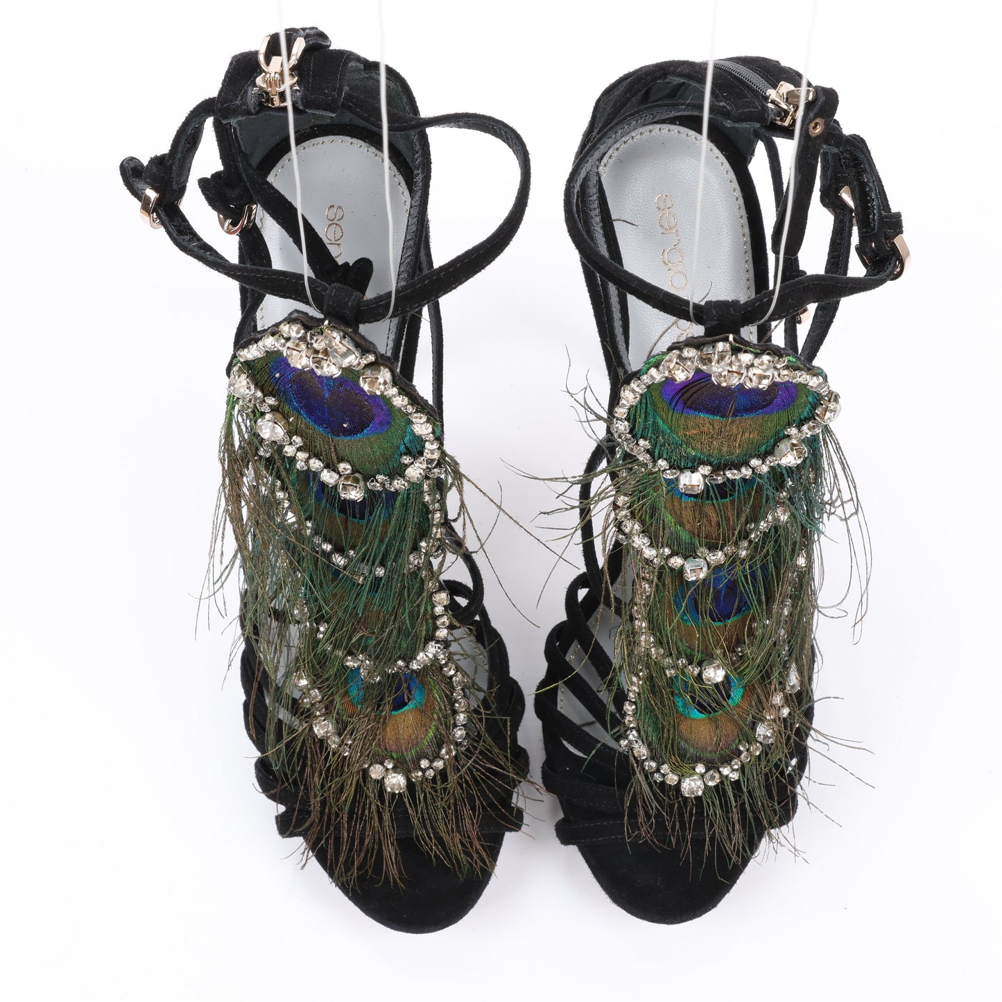 Sergio Rossi Black Suede Crystal And Peacock Embellished Platform Sandal Heels in Size 38 EU