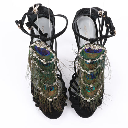 Sergio Rossi Black Suede Crystal And Peacock Embellished Platform Sandal Heels in Size 38 EU