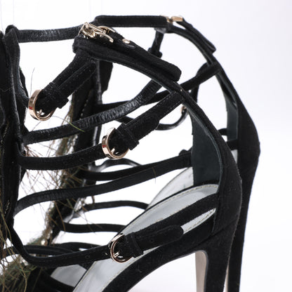 Sergio Rossi Black Suede Crystal And Peacock Embellished Platform Sandal Heels in Size 38 EU