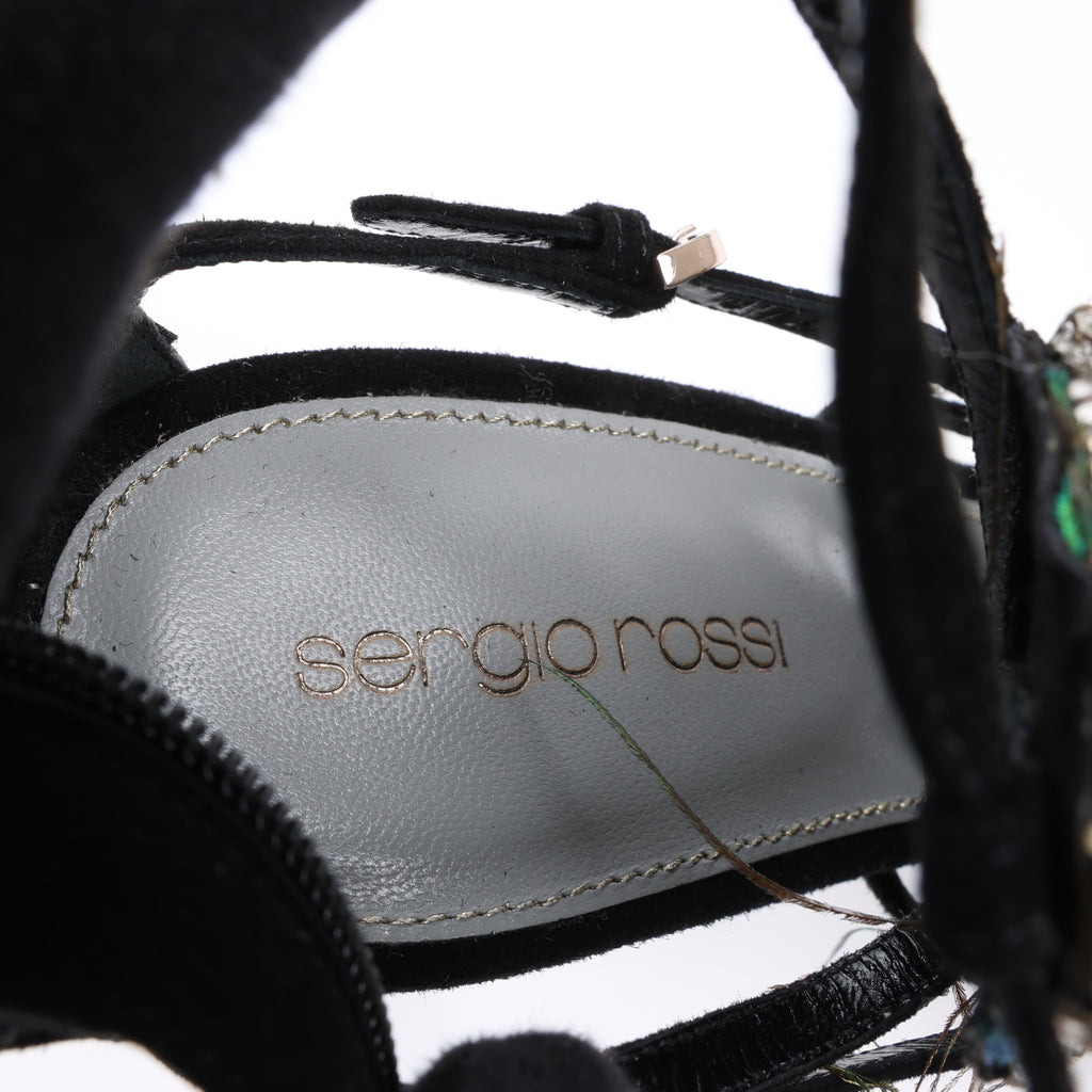 Sergio Rossi Black Suede Crystal And Peacock Embellished Platform Sandal Heels in Size 38 EU