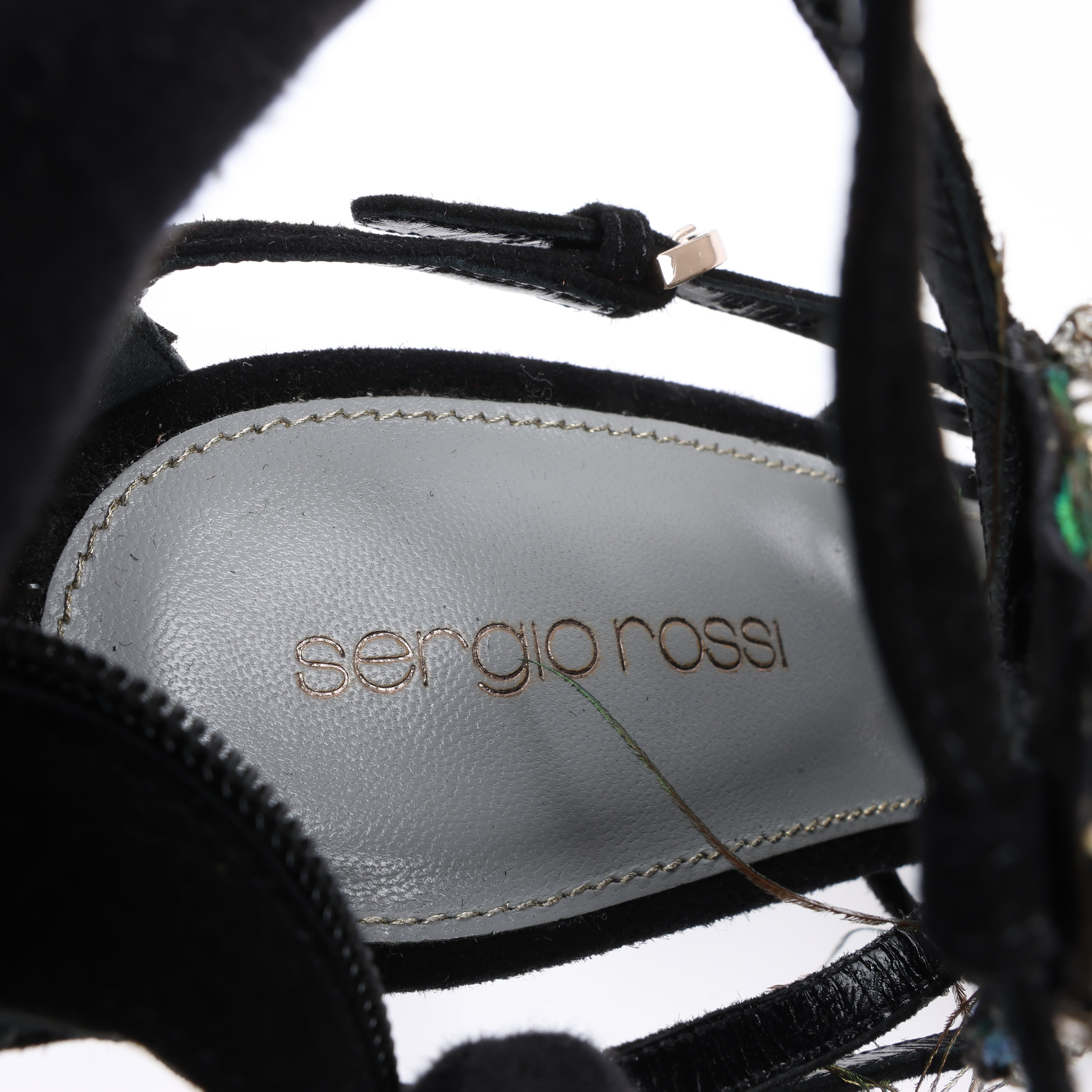 Sergio Rossi Black Suede Crystal And Peacock Embellished Platform Sandal Heels in Size 38 EU