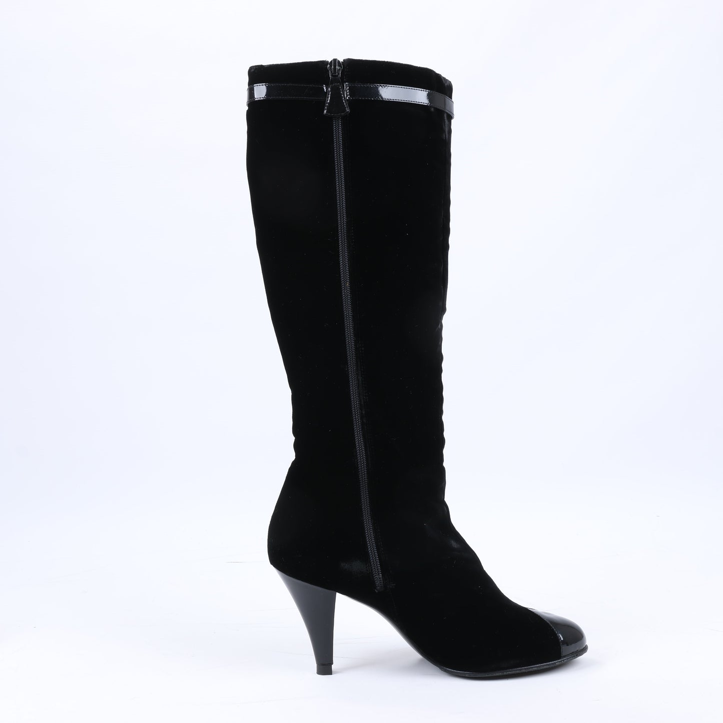 Chanel Coco Mark Velour Long Boots in Black, Size 37.5 EU