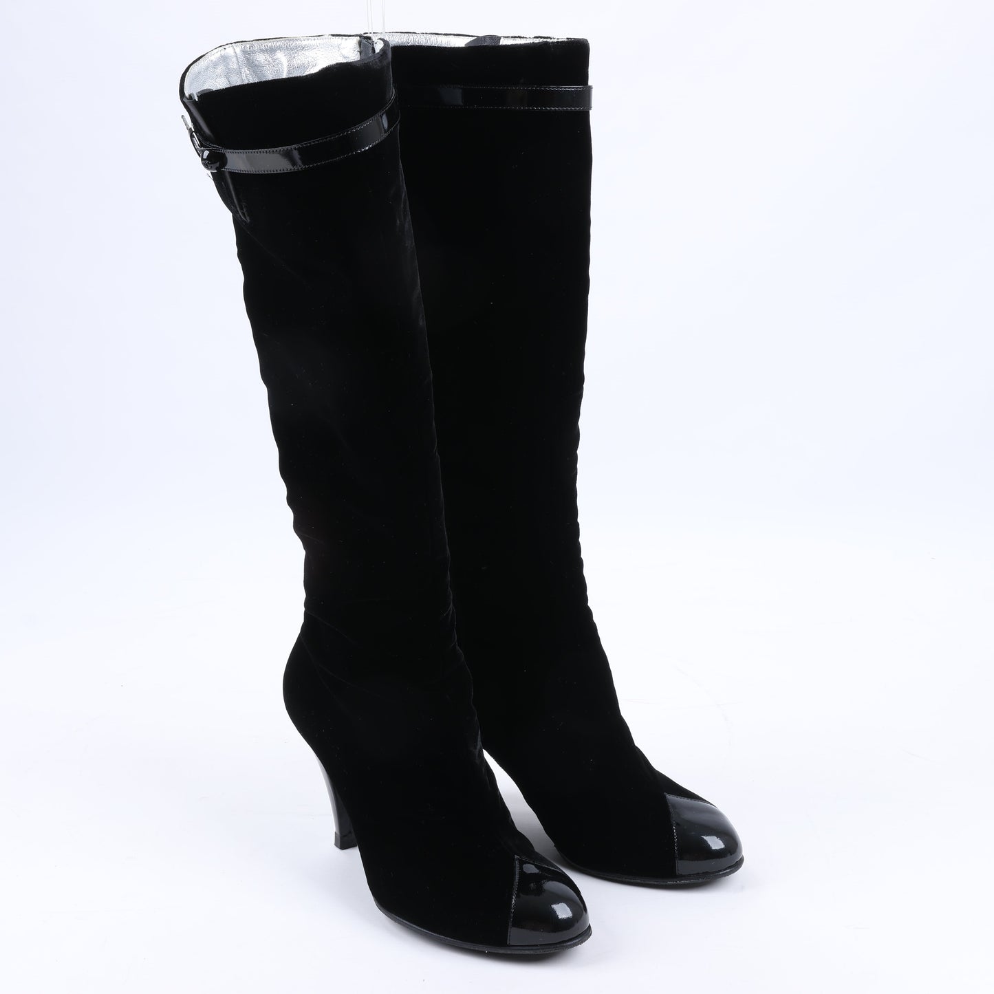 Chanel Coco Mark Velour Long Boots in Black, Size 37.5 EU