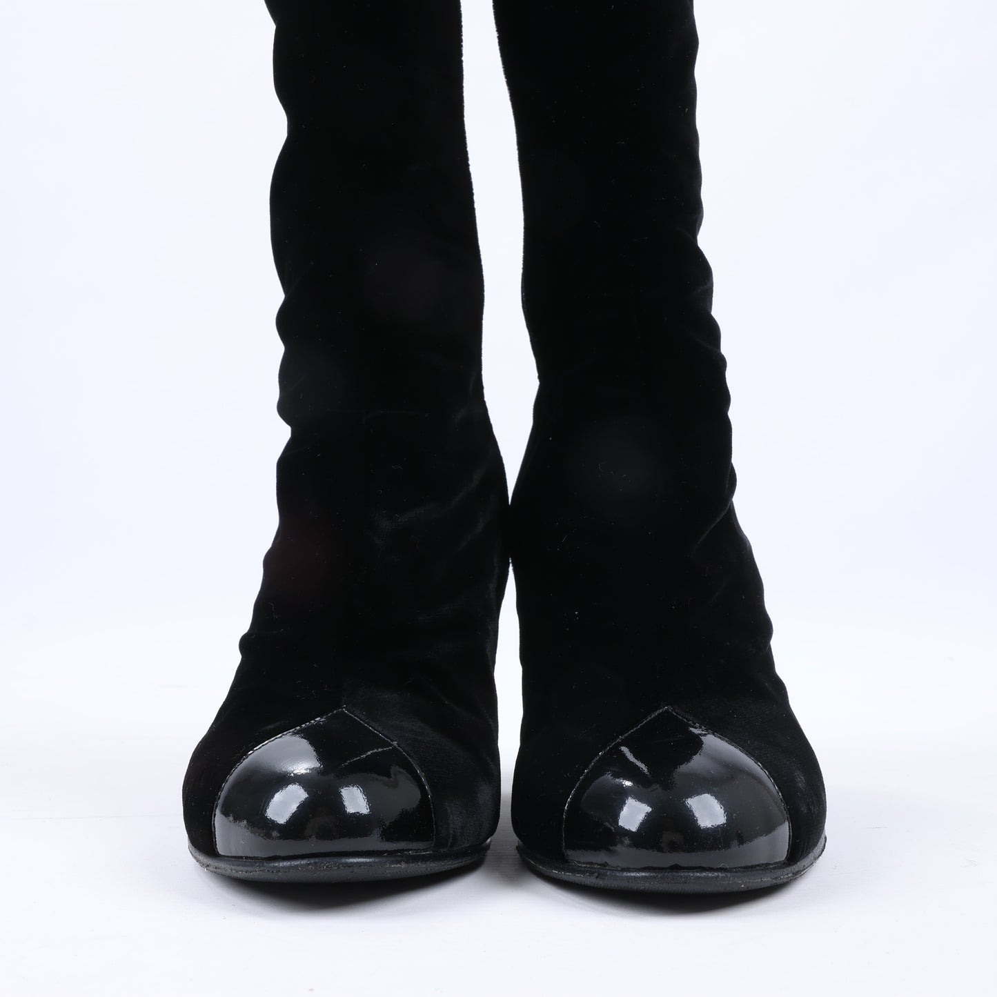 Chanel Coco Mark Velour Long Boots in Black, Size 37.5 EU