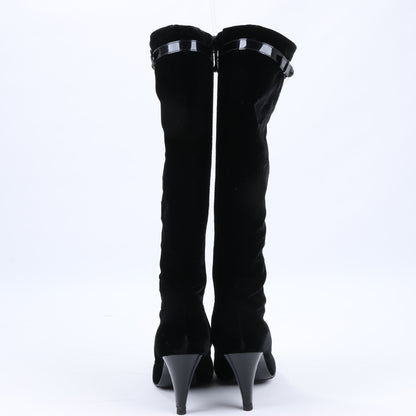 Chanel Coco Mark Velour Long Boots in Black, Size 37.5 EU